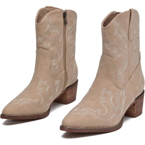 ⚡Women's Beige Embroidered Square Toe Western Cowgirl Boots Chunky Heel Pull On - Picture 4 of 7